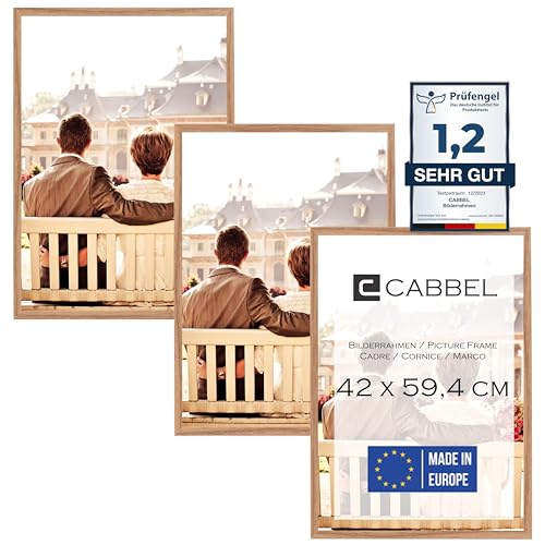 CABBEL Dreierpack (3 Stk.) Bilderrahmen 42x59,4 cm MDF Holz-Rahmen in Eiche | mit bruchsicherem Plexi-Glas/Modern, zum Aufhängen, ideal für Fotos/Bilder/Collage von CABBEL