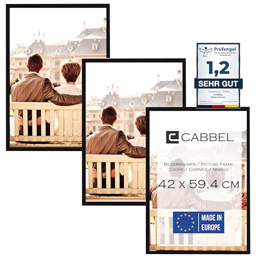 CABBEL Dreierpack (3 Stk.) Bilderrahmen 42x59,4 cm MDF Holz-Rahmen in Schwarz | mit bruchsicherem Plexi-Glas/Modern, zum Aufhängen, ideal für Fotos/Bilder/Collage von CABBEL