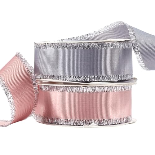 CABODYALS 1 Zoll 20 Yards 2 Rollen Ausgefranstes Band Mit Silbernem Rand Grosgrain Metallische Fransen Quaste Stoff Grau Rosa Polyesterbänder Zum Nähen Verpacken von Geschenken Blumesnsträußen Basteln von CABODYALS