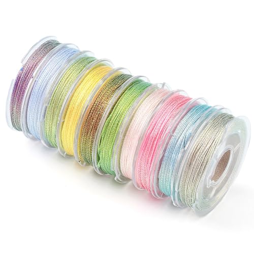 CABODYALS 10 Rolle 240 Yards 0.3mm 3 Lagig Metallisch Mehrfarbig Stickgarn Buntes Weihnachts Polyester Lametta Glitzerband Großpackung Zum Nähen Basteln Armbänder Perlenstickerei Stricken DIY von CABODYALS