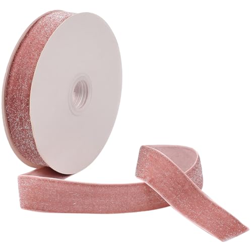 CABODYALS 10 Yards 1 Zoll Rosa Glitzerband Helles Korallensamtband Einseitig Silbermetallic Weiche Polyesterstoffbänder Bündelrollen Mit Spule Zum Herstellen von Bastel Geschenkverpackungs Und Halsb von CABODYALS