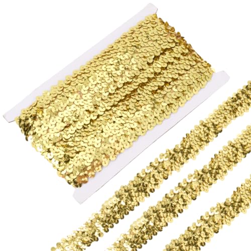 CABODYALS 10 m 3 Reihig Elastischer Paillettenbesatz Goldfarben Rund Flach Glitzernde Pailletten Stoffband Bling Pailletten Metallischer Stretchstreifen Spitzenbesatz Zum Nähen Basteln Kleidern Kleidu von CABODYALS