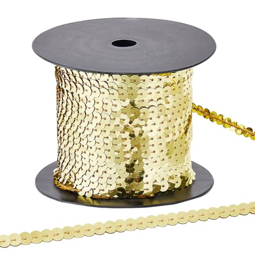 CABODYALS 100 Yards 6mm Goldene Paillettenbesatz Elastische Paillettenbandrolle Flache Runde Paillettenstreifen Mit Spule Glänzende Bandbänder Zum Nähen Herstellen von Vorhängen Schuhen Partydekor DIY von CABODYALS