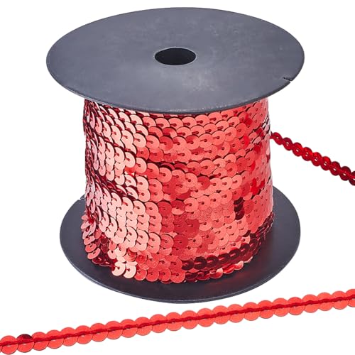 CABODYALS 100 Yards 6mm Rotes Paillettenband Elastische Paillettenbänder Streifenschnur Mit Flachen Runden Perlen Aus Kunststoff Pailletten Metallisch Glänzendes Seil Glitzerbesatz Zum Nähen Herstelle von CABODYALS