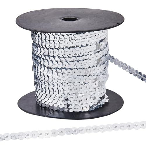 CABODYALS 100 Yards 6mm Silberner Paillettenbesatz Elastische Paillettenbesätze Flache Runde Mit Perlen Besetzte Elastische Paillettenbänder Metallisch Glänzendes Schnurband Mit Spule Zum Nähen Herste von CABODYALS