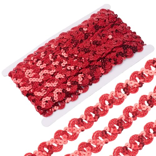 CABODYALS 11 m Rotes Paillettenbesatzband Gewellte Polyester Paillettenrollen Glitzernde Flache Runde Perlenstreifen Glitzer Paillettenbänder Zum Nähen Herstellen von Weihnachtsdekorationen Verzierung von CABODYALS