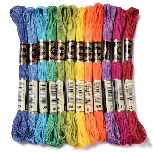 CABODYALS 12 Strang 96m Stickgarn Buntes Stickgarn 6 Stränge Regenbogen Kreuzstich Polyesterstrickfaden Freundschaftsarmband Schnur Garn Polyesterfäden Zur Schmuckherstellung Armband Strick Nähbedarf von CABODYALS