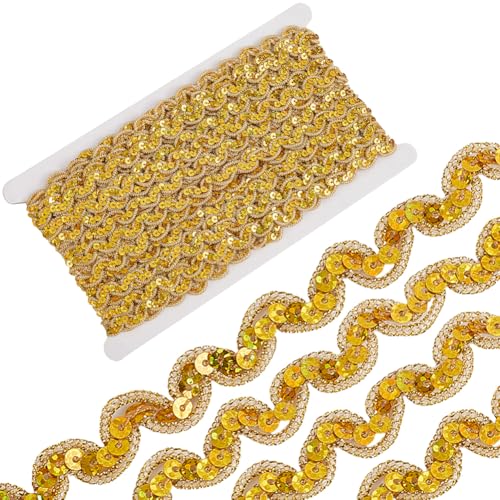 CABODYALS 13 m Goldene Paillettenbänder Besatz Aus Polyester Flache Pailletten Gewellter Rand Schnörkelstreifen Metallisches Paillettenband Zum Nähen Herstellen von Verzierungen Weihnachtsdekoration B von CABODYALS