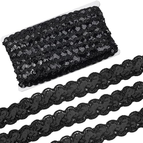 CABODYALS 13 m Schwarze Paillettenbesätze Glitzerndes Metallic Band Flaches Polyester Gewellter Rand Pailletten Dunkel Glänzende Besatzstreifen Bänder Zum Nähen Herstellen von Kleiderverzierungen DIY von CABODYALS