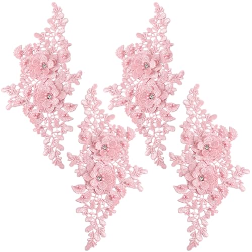 CABODYALS 2 Paar Rosa Blumenstickerei Applikationen Mit Perlen Blumen Strass Applikationen 3D Polyesterspitze Perlen Kristalle Zum Aufnähen Zum Nähen Herstellen von Kleidung Brautkleidern Zubehör von CABODYALS