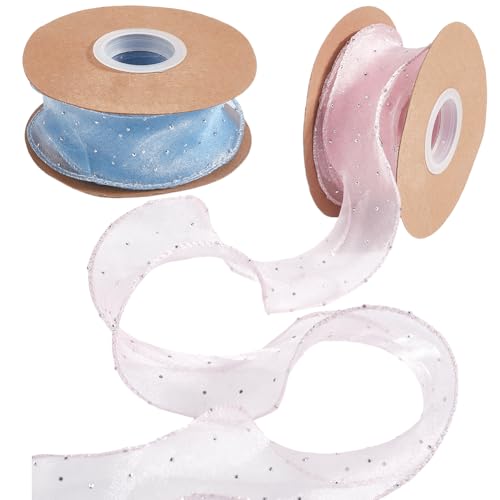 CABODYALS 2 Rolle 18.29 m 2{6} cm Durchsichtiges Organza Band Mit Draht Transparent Rosa Blau Strass Fischschwanz Glitzernetzgarn Schillernde Bänder Großpackung Zum Nähen Basteln Geschenkverpackung Kr von CABODYALS