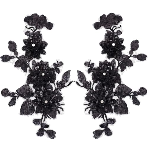 CABODYALS 2 Stück 2 Stile Schwarze Blumen Stickerei Applikation Vintage Perlen Pailletten Spitzen Applikationen 3D Blumen Strass Zum Aufnähen Ornament Patches Zum Nähen Herstellen von Kleidern Partyta von CABODYALS