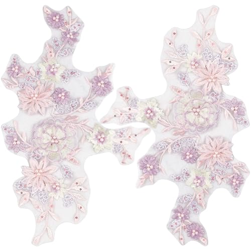 CABODYALS 2 Stück 3D Blumen Pailletten Applikation Mit Perlen Bestickte Spitzenapplikationen Rosa Polyester Stickerei Spitze Blumen Näh Tüll Patches Zum Nähen von Kleidern Kleidung Abendkleidern Heimw von CABODYALS