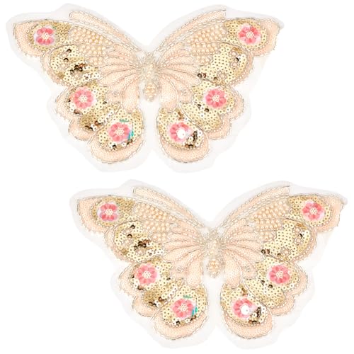 CABODYALS 2 Stück 3D Schmetterlings Pailletten Applikation Rosa Polyester Schmetterlinge Stickapplikationen Glitzernde Perlen Pailletten Spitze Tüll Aufnäher Zum Nähen Basteln Kleider Kleidung Heimwer von CABODYALS