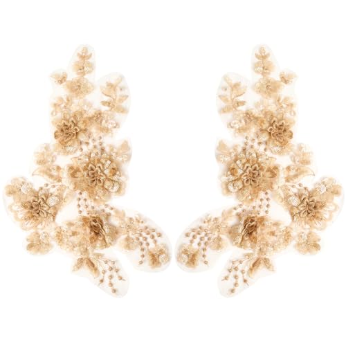 CABODYALS 2 Stück Beige Mit Perlen Bestickte Aufnäher 3D Blumenstickerei Pailletten Blume Vintage Glitzer Polyester Zum Aufnähen Auf Tüll Braut/Hochzeitsapplikation Zum Nähen Herstellen von Kleidern von CABODYALS