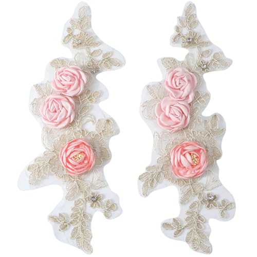 CABODYALS 2 Stück Rosa Blumen Applikation 3D Blumen Polyester Strass Stickerei Applikationen Vintage Rose Perlen Pailletten Spitze Aufnäher Zum Nähen Herstellen von Stoff Kleidern Jeans Bastelbedarf von CABODYALS