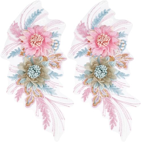 CABODYALS 2 Stück Rosa 3D Blumen Pailletten Stickerei Applikationen Spitzen Fleur Blumenapplikationen Florales Patches Flicken Stoff Aufkleber Zum Aufnähen Auf Zum Nähen Basteln Kleidung Reparatur von CABODYALS