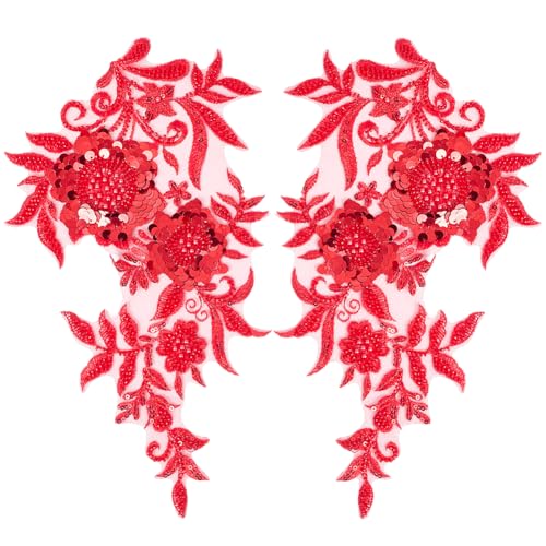 CABODYALS 2 Stück Rote 3D Blumen Stickapplikationen Perlen Spitzenaufnäher Stickerei Paillettenblume Vintage Glitzer Polyester Braut Organza Hochzeitsapplikation Zum Nähen Herstellen von Kleidern Deko von CABODYALS