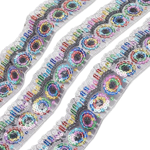 CABODYALS 4.5 m 2.5{1} cm Pailletten Spitzennetzbesatz Sonnenmuster Ethnische Stickerei Spitzenband Polyester Funkelnde Bunte Spitzenbesatzung Zum Nähen Basteln Kleidung Vorhänge Tischdecken Kleiderbe von CABODYALS