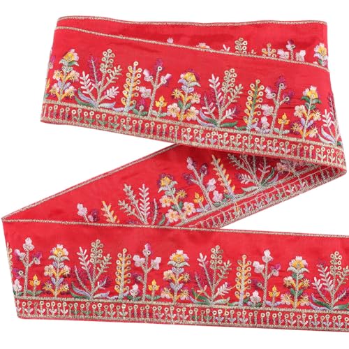 CABODYALS 4.57 m 65mm Rotes Besticktes Band Boho Blumen Besatz Polyester Gewebtes Jacquard Stoffband Stickerei Blumenapplikation Zum Nähen Basteln Hochzeit Geschenkverpackung Dekoration von CABODYALS