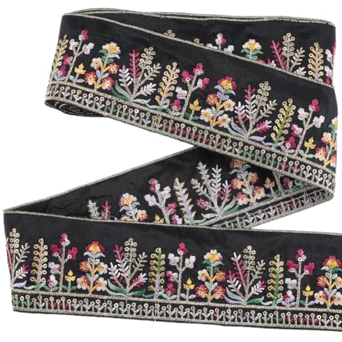 CABODYALS 4.57 m 65mm Schwarzes Besticktes Band Jacquard Bänder Mit Blumenstickerei Boho Gewebe Applikation Zum Nähen Basteln Kleidung Heimdekoration DIY Verzierung von CABODYALS