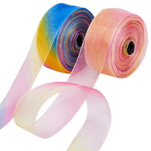 CABODYALS 45.72 m Regenbogen Organzaband Transparente Farbige Borte Mit Draht Schillernde Gekräuselte Gaze Polyester Ripsband Schimmernde Stickbänder Zum Verpacken von Geschenken Weihnachtsdeko DIY Ku von CABODYALS