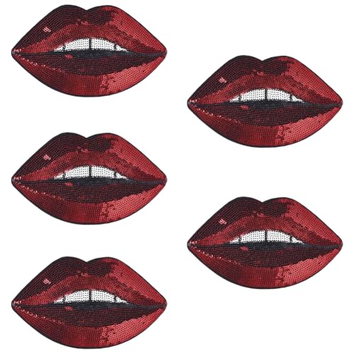 CABODYALS 5 Stück 161mm Rote Lippen Patches Glitzernde Pailletten Mund Patch Mundaufnäher Glitzer Bestickte Kussmund Punk Reparatur Applikation für Aufnähen Nähen Herstellen von Kleidun Jeans Hüte von CABODYALS