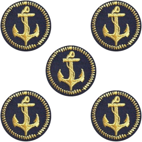 CABODYALS 5 Stück Schwarz Goldene Schiff Boot Matrosen Aufnäher Maritime Flach Rund Bestickt Goldenem Anker Reparatur Nautisch Bestickter Wasser Aufnähen Applikationen Zum Nähen Herstellen von Rucksä von CABODYALS