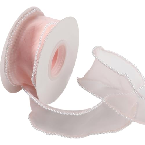 CABODYALS 1 1/2 Zoll Rosa Band Mit Kunstperlenrand Fischschwanz Transparentes Organza Band Mit Draht Glatte Durchsichtige Netzbänder Rollen Mit Spule Zum Nähen Basteln Blumensträuße Dekoration von CABODYALS