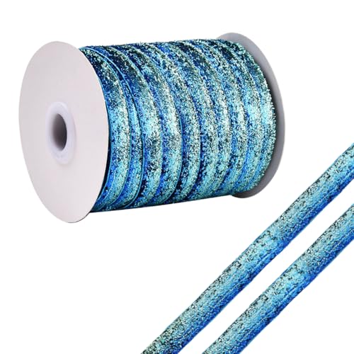 CABODYALS 50 Yards 3/8 Zoll Blauer Paillettenbesatz Metallisch Glitzerndes Samtband Einseitig Mit Farbverlauf Dünne Stoffbänder Bündelrollen Mit Spule Zum Basteln Weihnachtssträuße Nähen Partydekor DI von CABODYALS