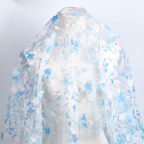 CABODYALS 62.99 Zoll Hellblauer 3D Blumen Pailletten Tüllstoff Musternetz Durchsichtiges Weiches Polyester Funkelndes Blumenmuster Glitzernder Hochzeitsnetz Spitzenstoff Zum Nähen Basteln Kleidung Kle von CABODYALS