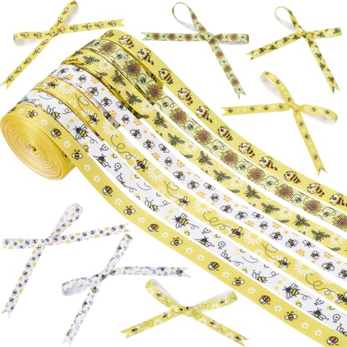 CABODYALS 7 Rolle 32 m Ripsband Mit Bienendruck Gemischte Farben Polyester Hummelrolle Einseitig Bedruckt Breite Satin Wickelbänder Mit Drahtrand Zum Verpacken von Geschenken Blumenarrangements Partyd von CABODYALS