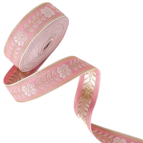 CABODYALS 9.14 m 1(1) cm Rosa Jacquardband Mit Blumenmuster Goldfarbenes Stickband Vintage Blumenmuster Gewebt Bestickt Boho Applikation Stoffbesatz Zum Nähen Basteln Kleidung Kleider Heimdekoration von CABODYALS