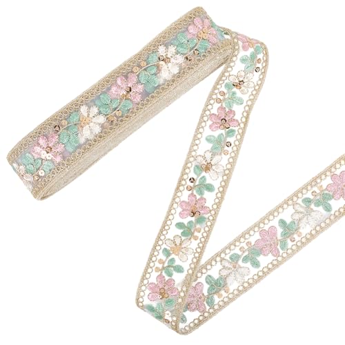 CABODYALS 9.14 m Pailletten Stickband Im Ethnischen Blumen Vintage Stil Rosa Tüll Brautschmuck Weihnachtsschmuck Besticktes Muster Blumen Durchsichtiges Gewebtes Polyesterband Zum Nähen Basteln Kleidu von CABODYALS