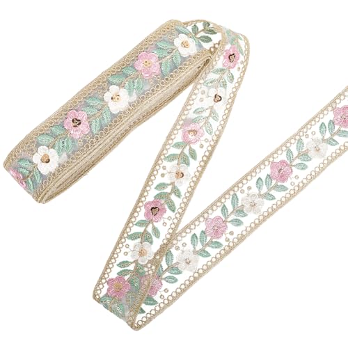 CABODYALS 9.14 m Rosa Ethnisches Stickband Mit Pailletten Boho Vintage Stickerei Blumenmuster Durchsichtiger Tüll Brauthochzeit Gewebte Polyesterbänder Zum Nähen Basteln Kleidung Heimdekoration von CABODYALS