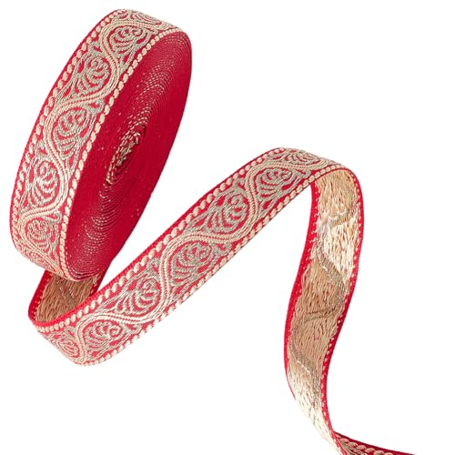 CABODYALS 9.14 m Rotes Und Goldenes Jacquardband Mit Blumenstickerei Vintage Blumenstickerei Boho Gewebe Applikationsbesatz Zum Nähen Basteln Geschenkverpackung Heimdekoration Verzierung von CABODYALS