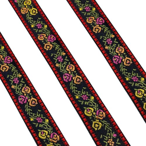 CABODYALS Ca. 45.72 m 1cm Schwarz Rotes Jacquard Bändchen Mit Blumenmuster Vintage Nylon Ethnische Stickerei Boho Bänder Gewebter Spitzenbesatz Aus Blumenstoff Zum Nähen Basteln Stoff DIY Verzierung von CABODYALS