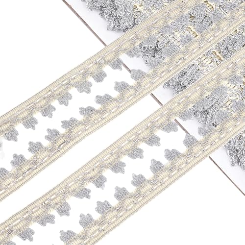 CABODYALS Spitzenbesatz 16.46 m 25mm Silberfarben Metallisch Blumenmuster Fransen Geflochtenes Band Vintage Gimpe Polsterung Gewebte Borte Einfassung Besatz Zum Nähen Basteln Hochzeit Vorhang Blumens von CABODYALS