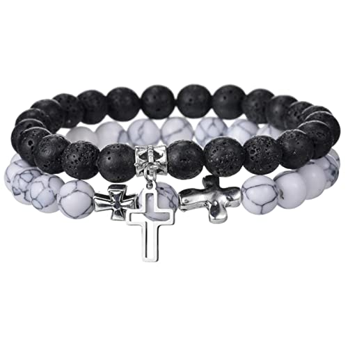 Armband-Set für Damen und Herren, natürlicher Lava-Stein, Yoga-Perlen, Entfernungsarmbänder, Charm, Paarschmuck, Geschenk, Kreuz von CABULE