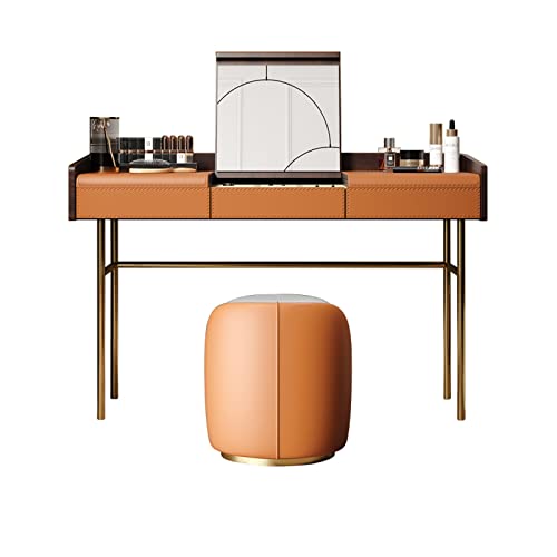 CAFIEDR Kommode Flip Top Leder Hochwertiges Holz Schlafzimmer Schminktisch Schminkhocker Orange Grau Versteckter Schminkspiegel Kommode Frisiertisch(Orange 100 cm) von CAFIEDR