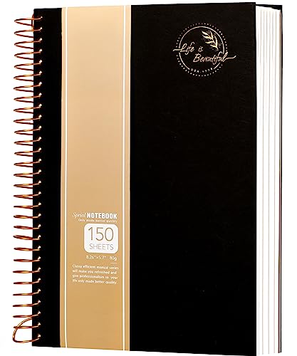 CAGIE Hardcover Notizbuch A5 Liniert mit Spiralbindung 300 Blatt (150 Seiten) Groß Spirale Notizblock Bullet Journal Block Schulbedarf für Arbeit Office Meeting Schule College Essentials, Schwarz von CAGIE