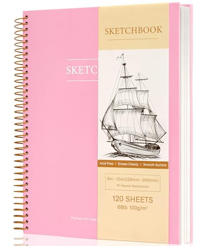 CAGIE Sketchbook Skizzenbuch A4 120 Blatt Spiralgebunden Zeichenblock Hardcover Zeichenbuch Skizzenblock A4 Kunst Sketchbook (68lb/100g/m²) für Kinder Erwachsene Anfänger Drawing, Rosa, 9 x 12 Zoll von CAGIE