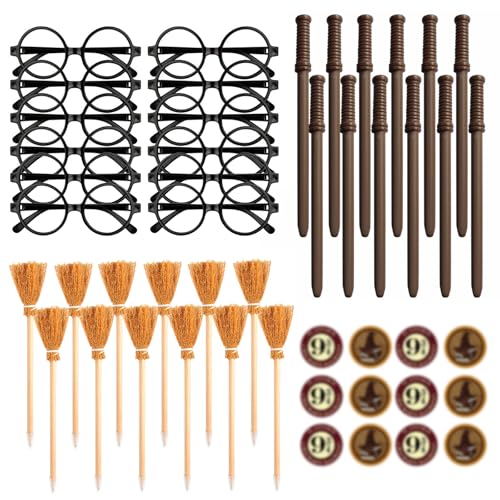 CAIJ Zauberer Partyzubehör Set 48Pcs Zauberstäbe Bleistift Set Wizard Kindergeburtstag Deko Zauberbesen Bleistifte Zauberer Brille Gläser mit Rundem Rahmen Tattoos Magischem Thema Halloween Party von CAIJ