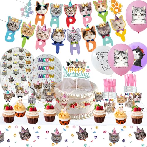 Partyzubehör mit Katzenmotiv, Katzen Geburtstag Deko Set Inklusive Katzen Party Teller Servietten Tortendeko Katze Luftballons Banneretc Cat Birthday Party Supplies für Kitty Lovers Kindergeburtstag von CAIJ