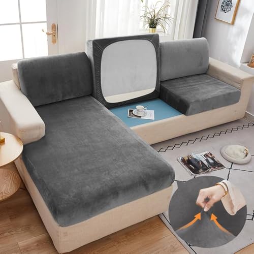 Caijin Sofa Sitzkissenbezug, weicher Samtstoff Stretch Sitzkissenschutz superweicher,Dicker Sitzkissenbezug für soföbelschutz (1-Sitzer, Dunkelgrau) von Caijin