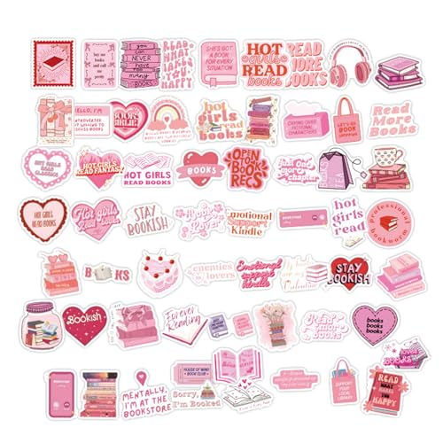 60 Stück Sticker Aesthetic,Rosa Bookish Sticker Set,Cute Stickers,Wasserfeste Buch Aufkleber,Kawaii Deko Für Kindle Accessories,Book,Booktok,Scrapbook,Lesen Zubehör,Laptop Handy Skateboard Koffer Helm von CAIKAILIOR