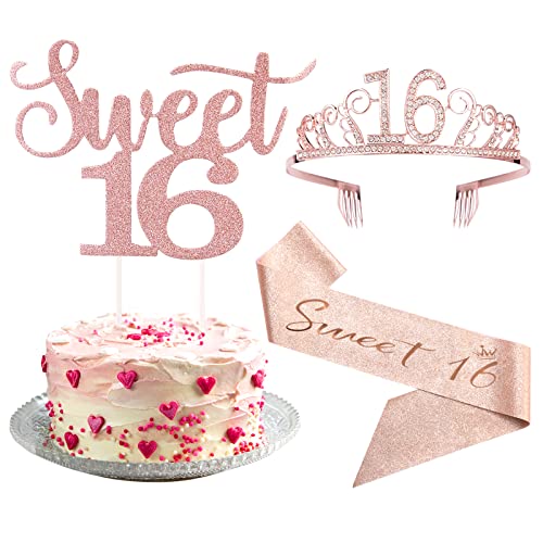 Sweet 16 Kuchendekorationen Roségold Glitzer, Sweet 16 Birthday Cake Topper Sweet Double Sided Glitter Sixteen Birthday Sash Crown 16 Schärpe und Tiara für Mädchen, Roségold 16. Geburtstag Geschenke 3 Stück von CAIKEZI