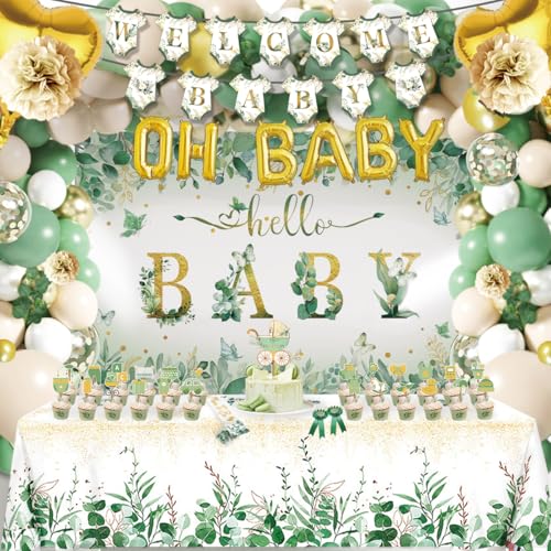 CAILESS Salbeigrüne Babyparty-Dekorationen, 107 Stück, Oh Babyparty-Dekorationen, neutral mit Banner, Hintergrund, Luftballons, Kuchendekoration, Tischdecke, Ansteckblume für Jungen und Mädchen von CAILESS