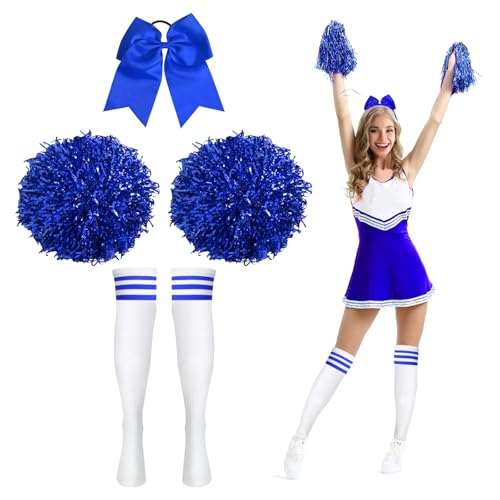 Cheerleader Pompons, 2 Stück Cheerleader Pompons mit Socken und Haargummi, Pompons Cheerleading Cheerleader Pompons mit Griffen Cheer Poms für Cheerleading Leistung Gymnastik (Blau) von CAINCAY