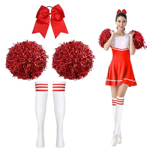 Cheerleader Pompons, 2 Stück Cheerleader Pompons mit Socken und Haargummi, Pompons Cheerleading Cheerleader Pompons mit Griffen Cheer Poms für Cheerleading Leistung Gymnastik (Rot) von CAINCAY